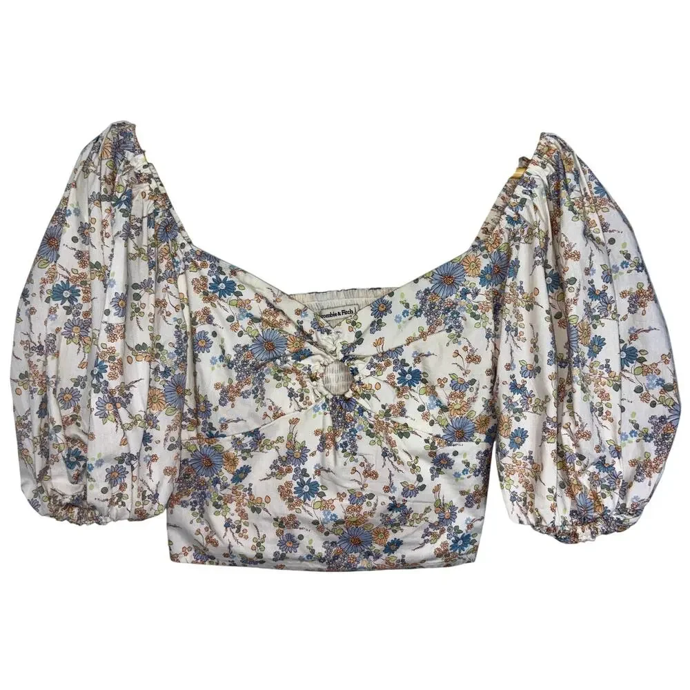 Abercrombie & Fitch White Blue Floral Smocked Puff Sleeve Crop Top Blouse Size M
